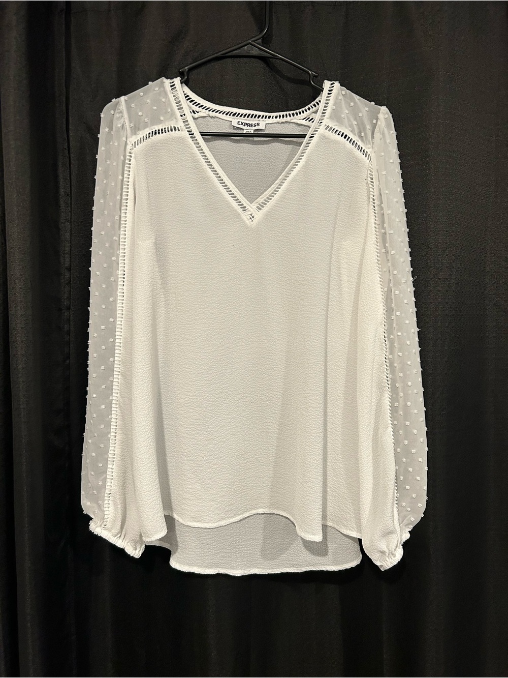 Express White V-Neck Textured Blouse with Sheer Swiss Dot Sleeves